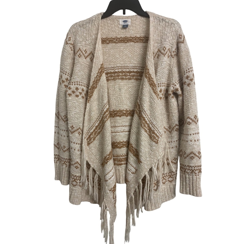 Old Navy Large Boho Tan Cream Knit‎ Aztec  Fringe Open Front Cardigan Sweater